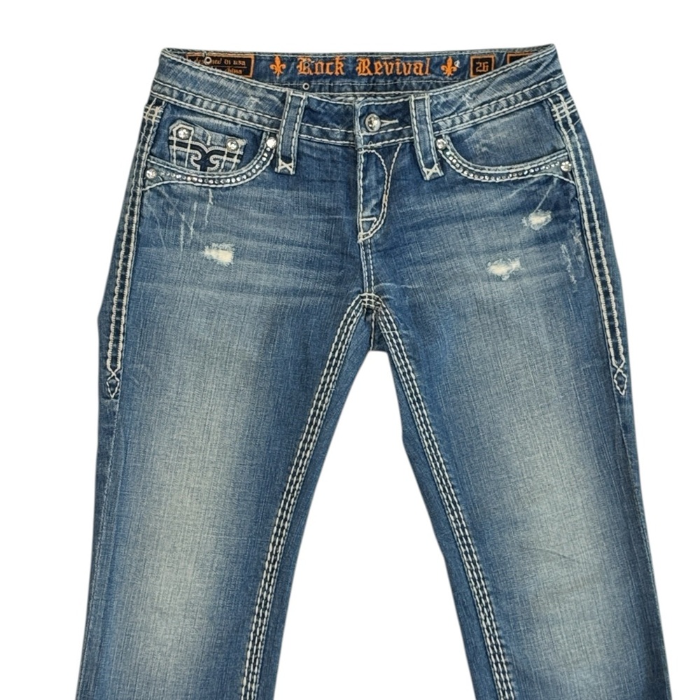 Rock Revival Kai Capri Distressed Low-Rise Rhinestone Embellished Denim Jeans 26 - Picture 9 of 16
